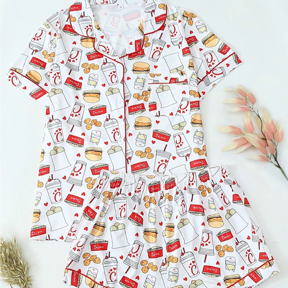 ☃️NEW White Chicken Fast Food Print Pajama Set Large